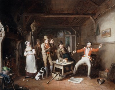 Een soldaat vertelt zijn heldendaden in een taverne, 1821 door John Cawse